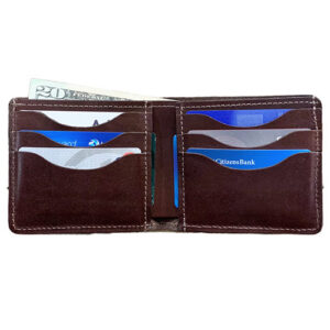 Brown leather bifold wallet with 8 card slots and cash compartment by North Star Leather.