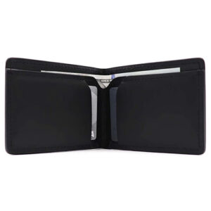 Black leather bifols wallet with 2 card slots and 1 cash slot by Nutsac.