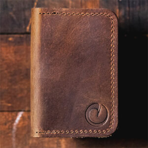 Brown leather bifold card wallet by Origin.