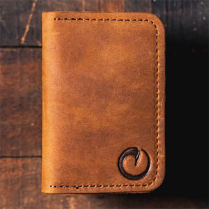Light brown leather bifold card wallet by Origin.