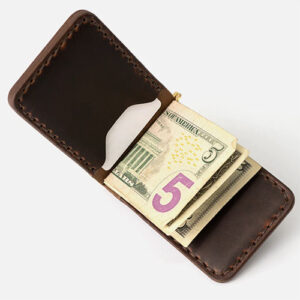 Brown leather money clip with 2 card slots by Range Leather.