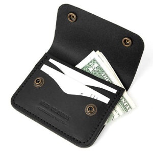 Brown leather card wallet with 3 slots and snap closure by Red Clouds Collective.