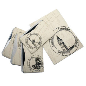 White RFID blocking card sleeves with pictures of monuments on them.