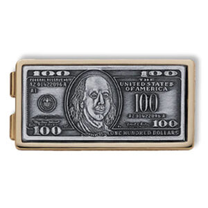 Brass money clip with 100 dollar bill artwork by Speidel.