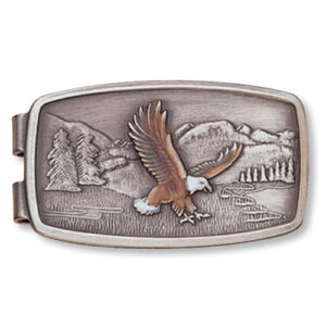 Silver colored brass money clip with flying eagle artwork by Speidel.