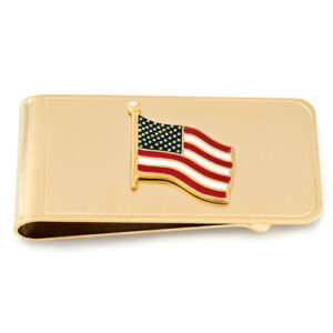 Gold colored brass money clip with American flag artwork by Speidel.