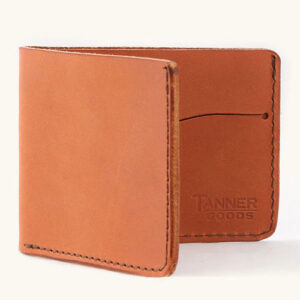 Light brown leather bifold wallet by Tanner Goods.