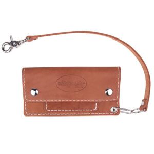 Brown leather trucker wallet with strap by Whiteknuckler Brand.