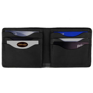 Black leather bifold wallet by Whiteknuckler Brand.