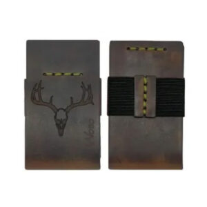 Grey leather money clip with deer head engraved on one side by Wobo.