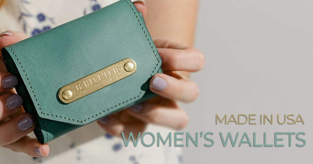 Image of woman holding small leather wallet with text overlay saying 'women's wallet made in USA'.