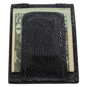 Slim black lizard leather wallet with magnetic money clip by Bullhide Belts.