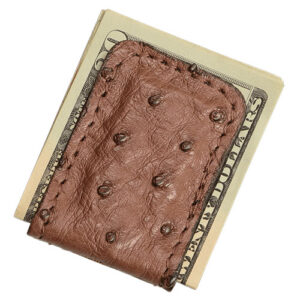 Ostrich leather magnetic money clip by Bullhide Belts.