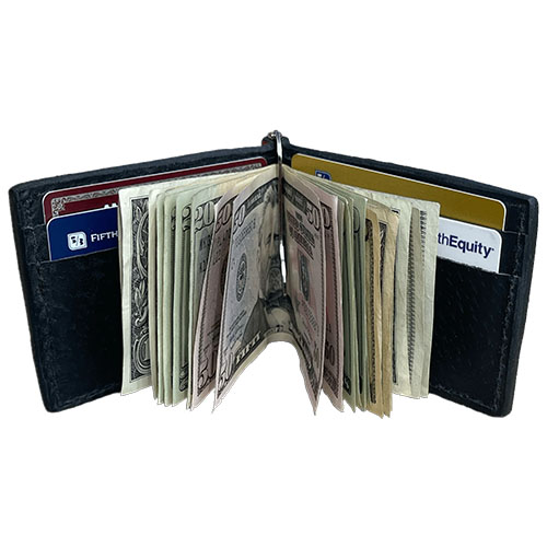 Leather money clip with 4 interior and 2 exterior card slots.
