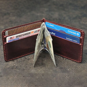 Brown leather Mitchell MCW money clip with 4 card slots.