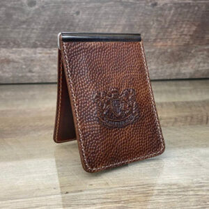 Brown football leather money clip embossed with Mitchell Leather seal.