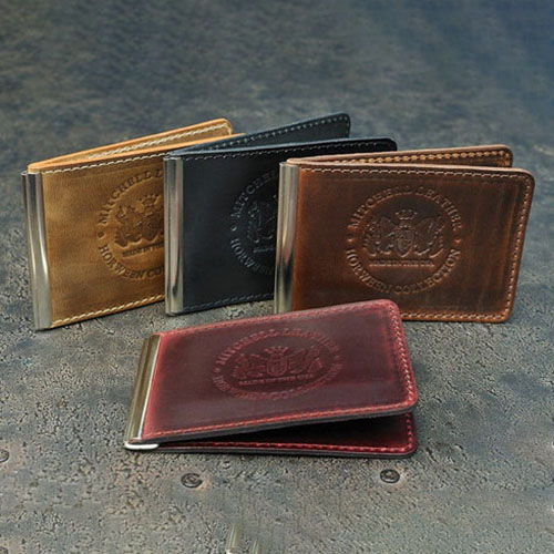 Red, blue, brown and yellow leather MCW money clips.