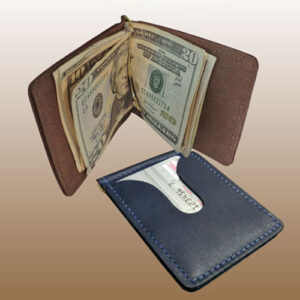 Brown and blue leather money clips by North Star Leather.