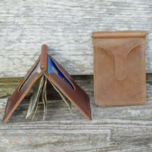 Light and dark brown leather money clips by North Star Leather.