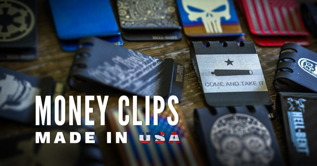 Selection of money clips with text overlay saying 'money clips made in USA'.