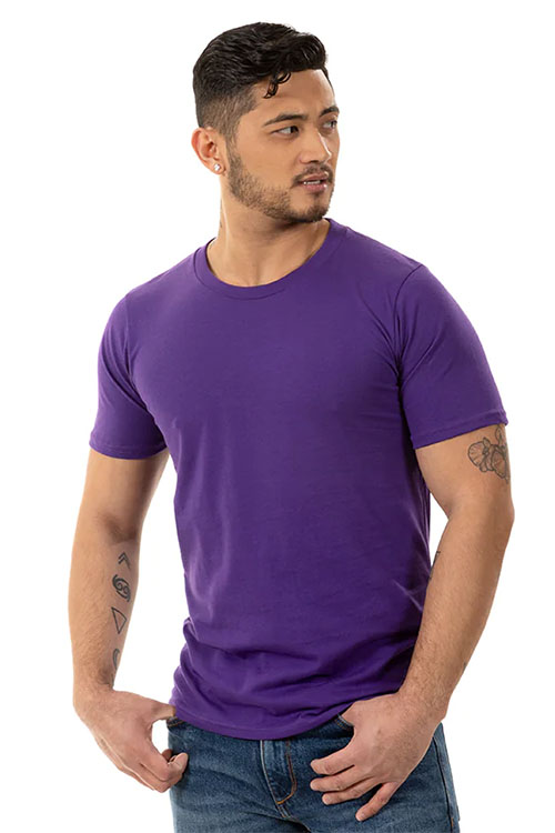 Man wearing purple crew-neck shirt.