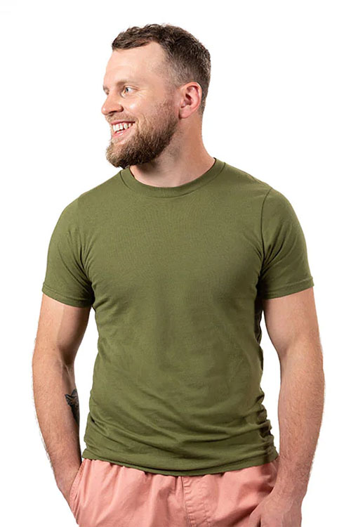 Man wearing army green crew-neck shirt.