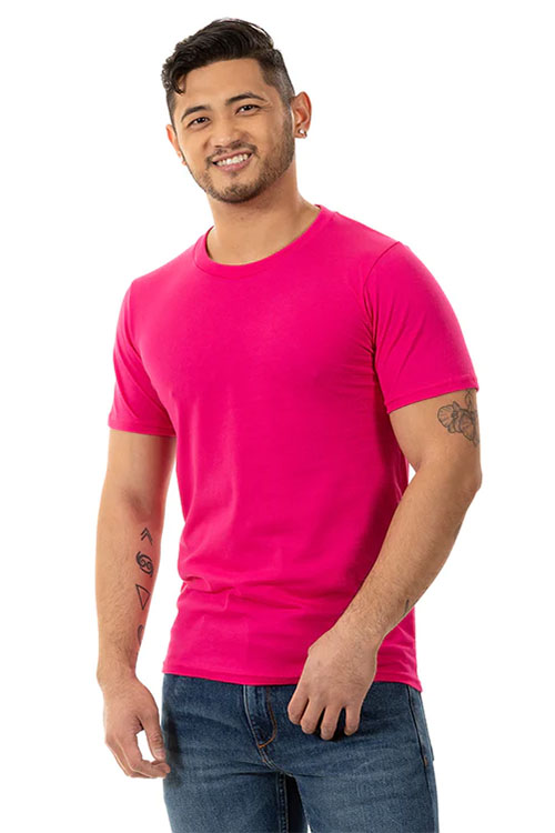 Man wearing dark pink crew-neck shirt.