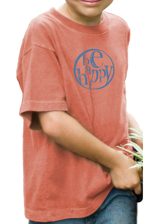 Kid wearing red crew-neck t-shirt with the words 'be happy' printed on the chest.