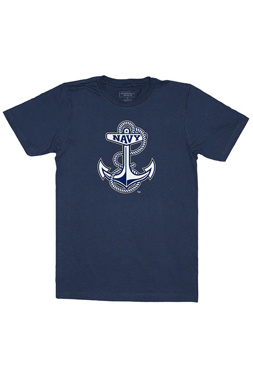 Navy blue crew neck t-shirt with US Navy anchor symbol on the chest.