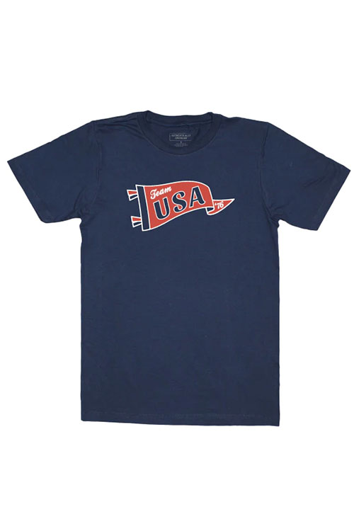 Navy blue crew neck t-shirt with red flag on the chest saying 'team USA 76'.