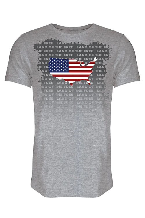 Grey crew neck t-shirt with American flag in shape of the USA on the chest.