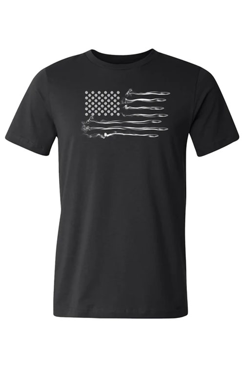Black t-shirt with American flag in bullet theme on the chest.