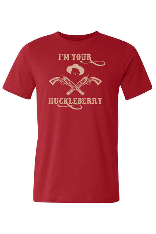 Red t-shirt with crossed pistols and the words 'I'm your Huckleberry' on the chest.