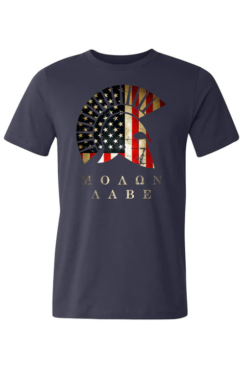 Navy t-shirt with spartan helmet colored in the American flag on the chest.