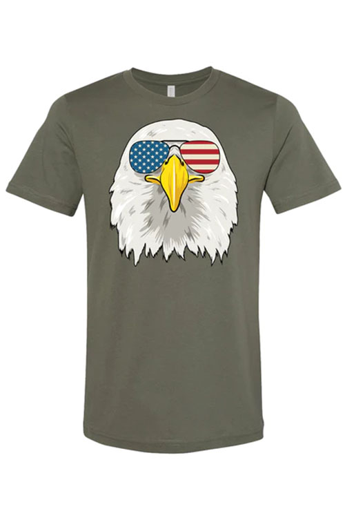 Army green t-shirt with cartoon of eagle wearing American flag sunglasses on the chest.