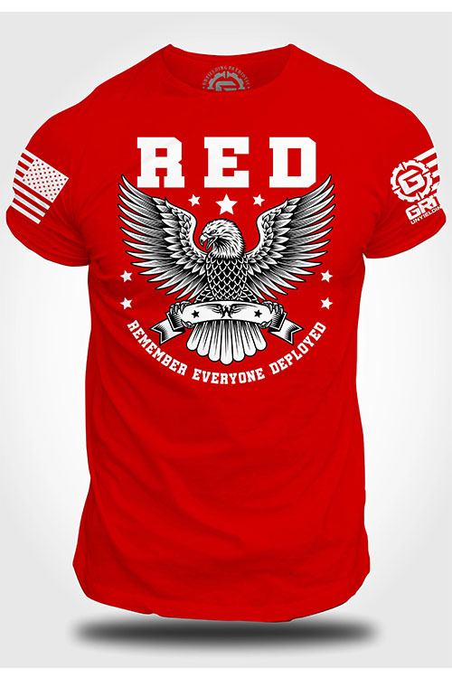 Red crew neck t-shirt with eagle and words 'remember everyone deployed' on the chest.