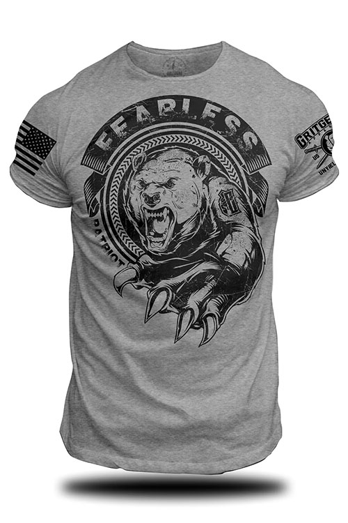 Grey crew neck t-shirt with fierce bear and words 'fearless patriot' on the chest.