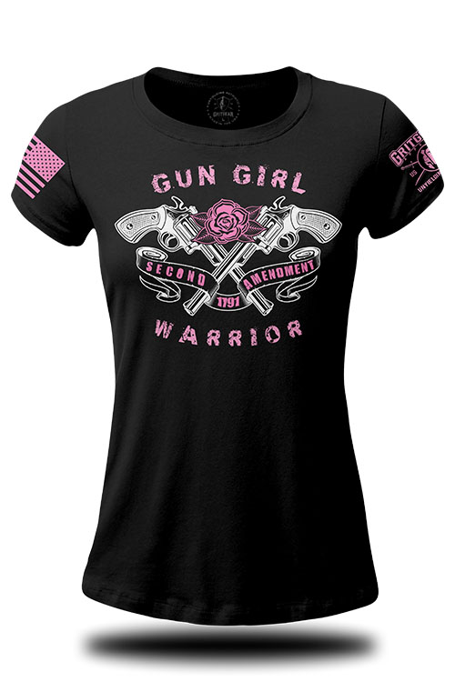 Black women's crew neck t-shirt with crossed revolvers, pink detailing and words 'gun girl warrior' on the chest.