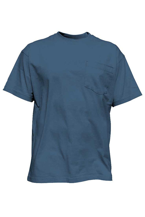 Dark blue crew neck t-shirt with front pocket.
