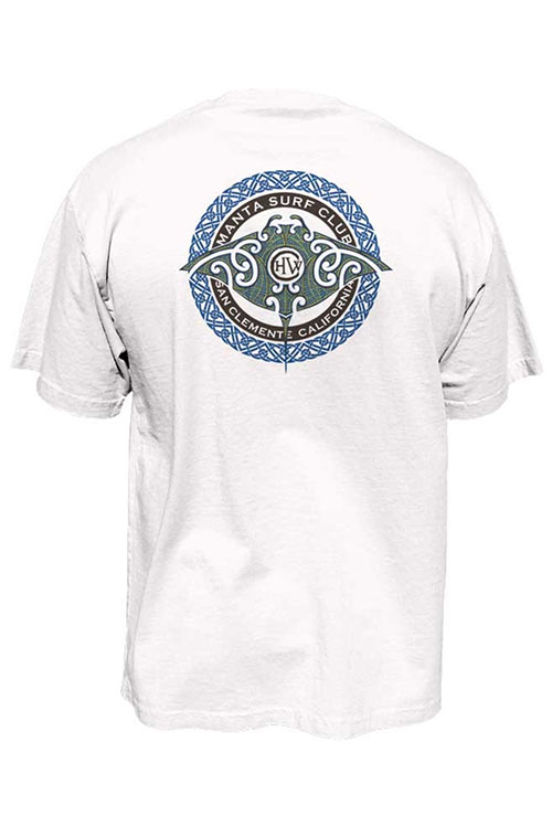With crew neck t-shirt with Hawaiian tribal manta ray design on the chest.