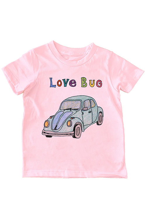 Pink t-shirt with beetle car drawing and words 'love bug' on the front.