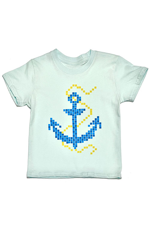 Light-blue t-shirt with pixelated anchor drawing on the front.