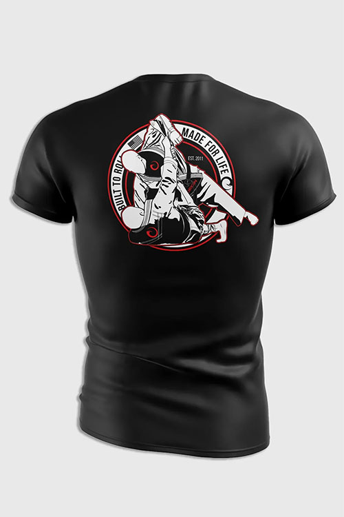 Black crew neck t-shirt with jiu jitsu logo on the back.