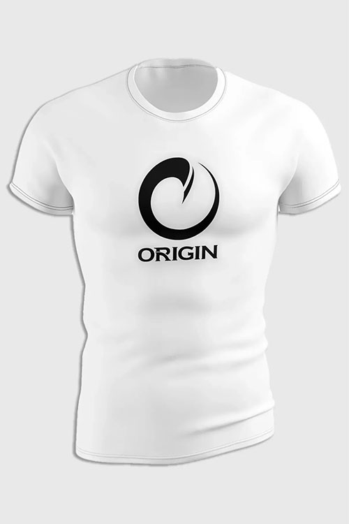 White crew neck t-shirt with Origin name and logo on the chest.
