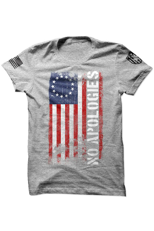 Black t-shirt with print of American flag and words 'no apologies' on the chest. 