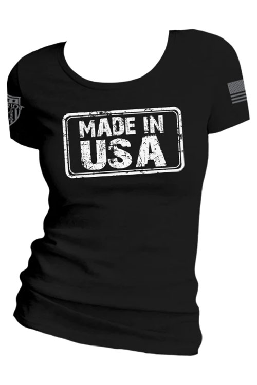 Black women's t-shirt with made in USA stamp on the chest. 