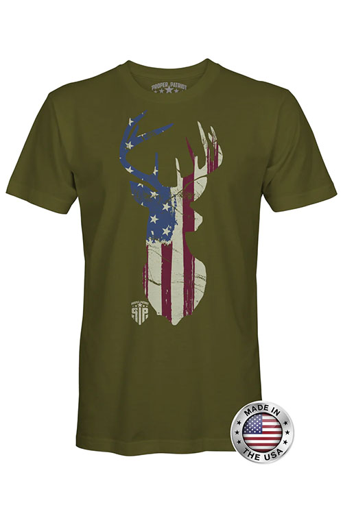Army green men's t-shirt with American flag on the chest in shape of a deer head.