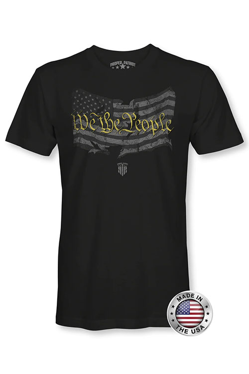 Black men's t-shirt with American flag design and words 'We the people' on the chest.