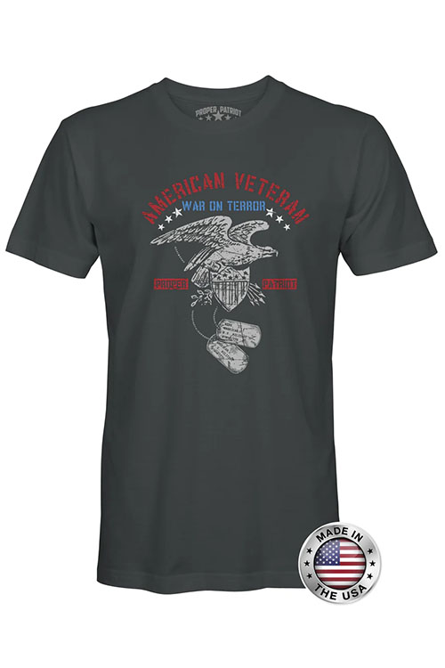 Dark grey American veteran inspired men's t-shirt with eagle crest- and dogtag design on chest.
