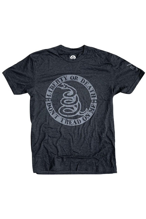 Patriotic black crew-neck tee with 'don't tread on me' motto and logo.